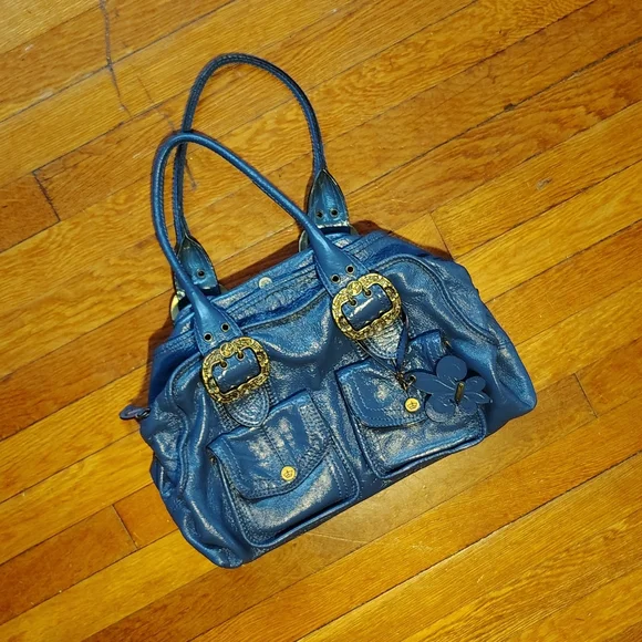 SOLD Y2K Vintage Gianni Bini Blue Leather Handbag Purse w/ Buckles & Keychain - Picture 4 of 8